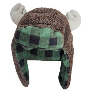 Child Large Moose Sherpa Trapper Hat Green Buffalo Plaid Fleece Ear Flap Antlers
